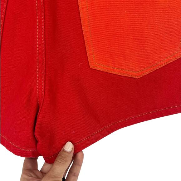 Ganni Colorblock High Rise Denim Shorts in Red/ Orange - Picture 13 of 13